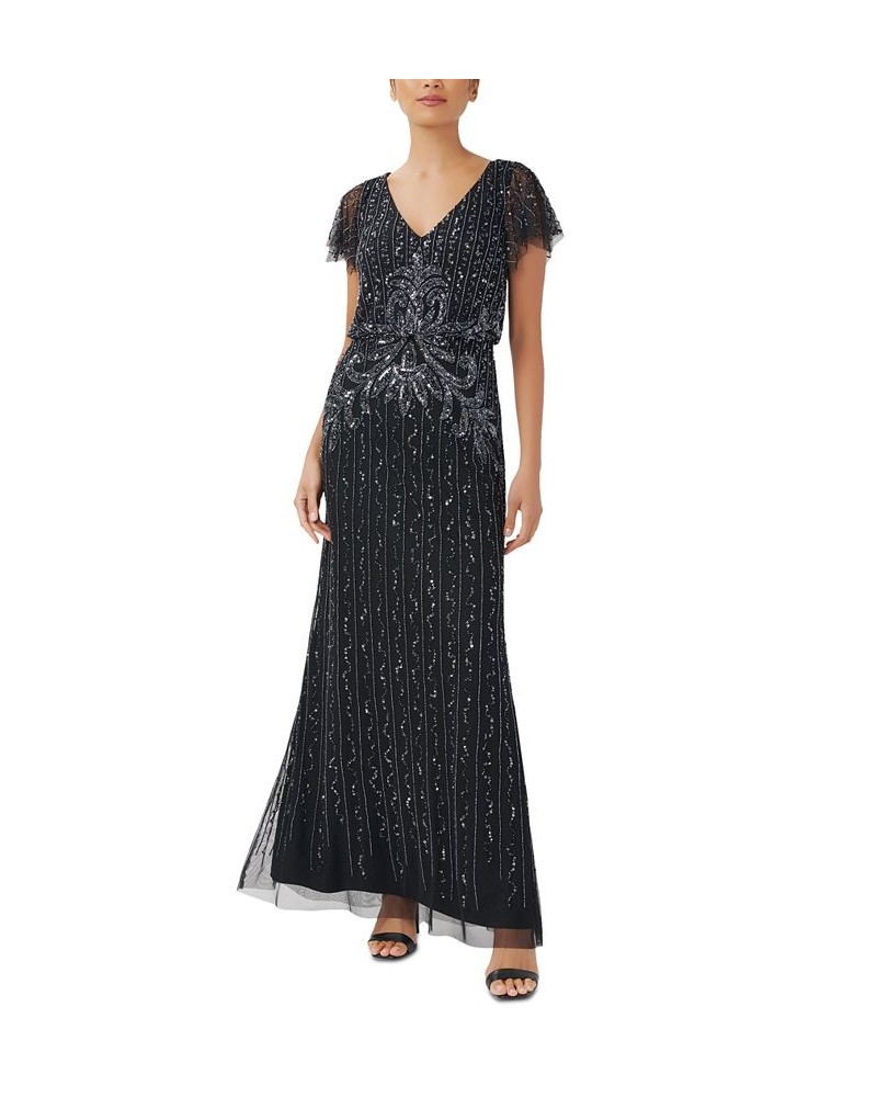 Women's Beaded Flutter-Sleeve Gown Black Gunmetal $113.96 Dresses