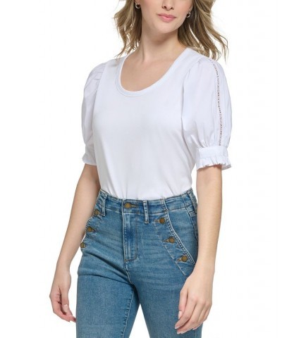 Women's Mixed-Media Puff-Sleeve Top Soft White $29.99 Tops