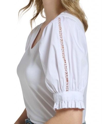 Women's Mixed-Media Puff-Sleeve Top Soft White $29.99 Tops