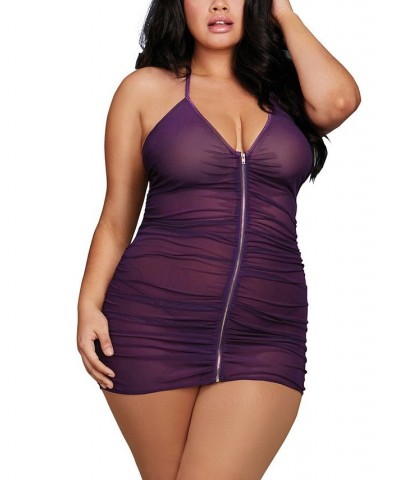 Women's Plus Size Stretch Mesh Chemise Lingerie with Shirring Details Plum $16.40 Lingerie