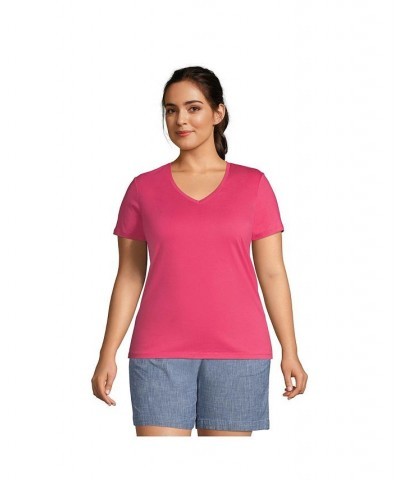 Women's Plus Size Relaxed Supima Cotton Short Sleeve V-Neck T-Shirt Hot pink $26.97 Tops