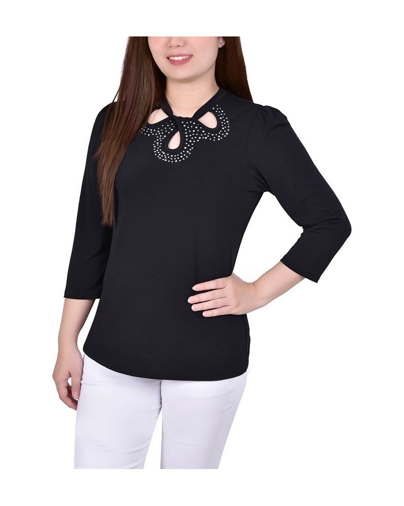 Petite 3/4 Sleeve Knit Crepe Studded Keyhole Top Black $16.80 Tops