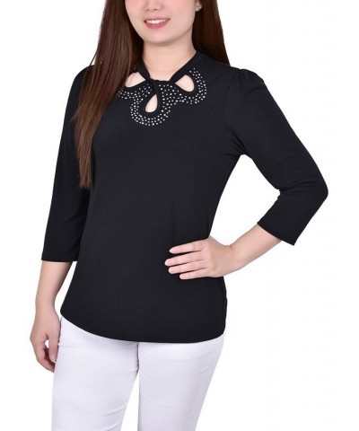 Petite 3/4 Sleeve Knit Crepe Studded Keyhole Top Black $16.80 Tops