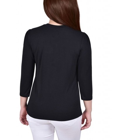 Petite 3/4 Sleeve Knit Crepe Studded Keyhole Top Black $16.80 Tops