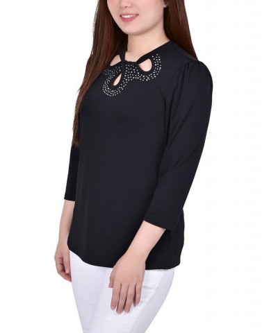 Petite 3/4 Sleeve Knit Crepe Studded Keyhole Top Black $16.80 Tops