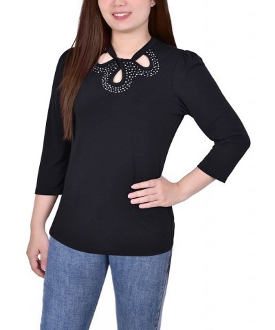 Petite 3/4 Sleeve Knit Crepe Studded Keyhole Top Black $16.80 Tops