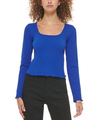 Women's Square-Neck Lettuce-Edge Top Blue $25.26 Tops