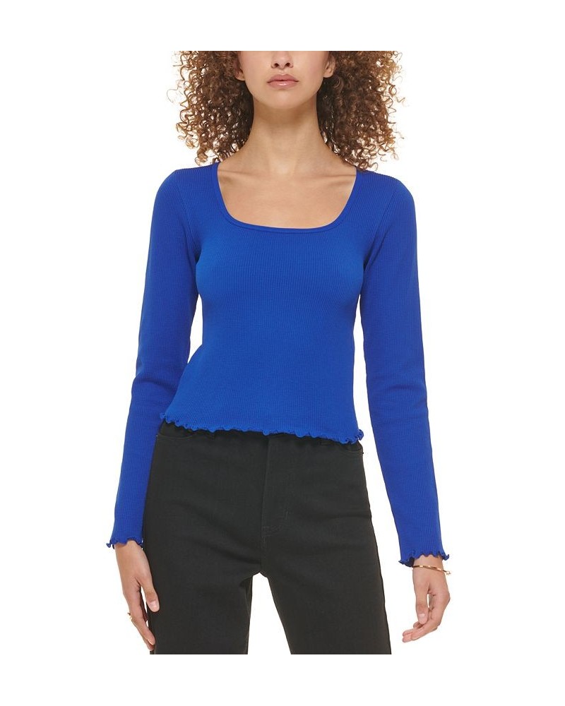 Women's Square-Neck Lettuce-Edge Top Blue $25.26 Tops