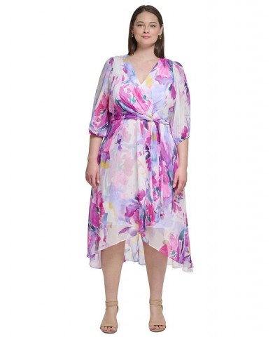 Plus Size Printed Balloon-Sleeve Midi Dress Cream/Raspberry $46.19 Dresses