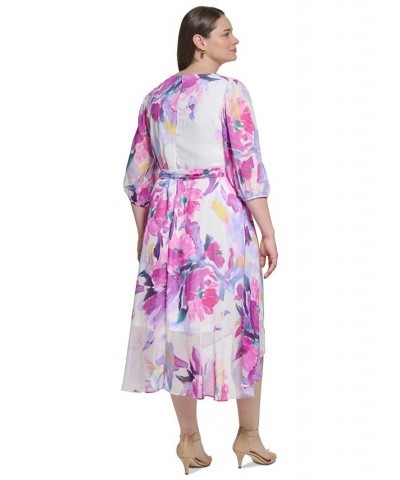 Plus Size Printed Balloon-Sleeve Midi Dress Cream/Raspberry $46.19 Dresses