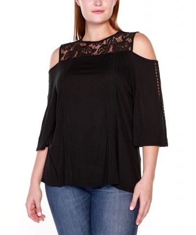 Black Label Plus Size Ruffle Lace Cold-Shoulder Top Black $30.25 Tops