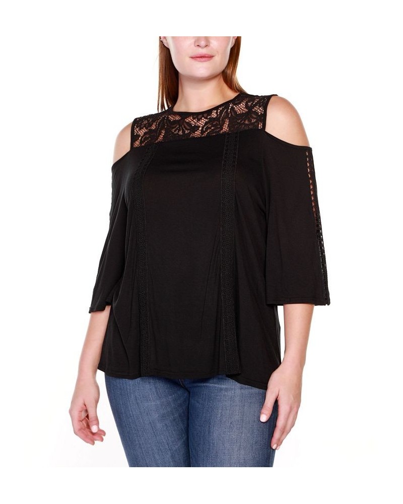 Black Label Plus Size Ruffle Lace Cold-Shoulder Top Black $30.25 Tops