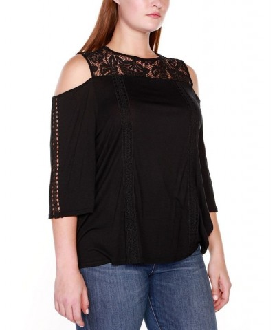 Black Label Plus Size Ruffle Lace Cold-Shoulder Top Black $30.25 Tops