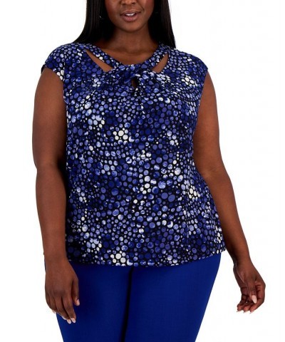 Plus Size Cap-Sleeve Dot-Print Twisted-Neck Top Blue $40.29 Tops