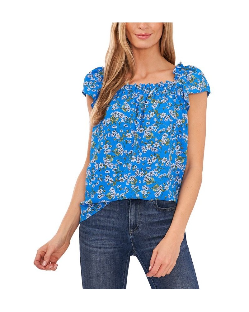 Women's Ruffled Square-Neckline Floral Top Ocean Blue $40.29 Tops