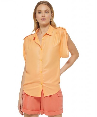 Women's Faux-Leather Button-Up Short-Sleeve Shirt Canteloupe $47.96 Tops