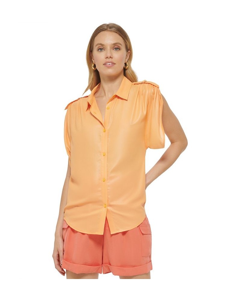 Women's Faux-Leather Button-Up Short-Sleeve Shirt Canteloupe $47.96 Tops