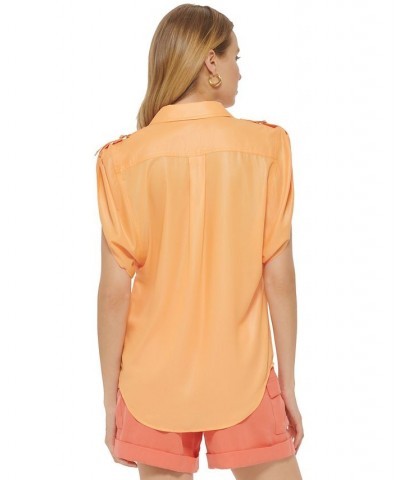 Women's Faux-Leather Button-Up Short-Sleeve Shirt Canteloupe $47.96 Tops