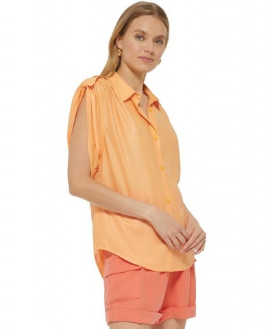 Women's Faux-Leather Button-Up Short-Sleeve Shirt Canteloupe $47.96 Tops