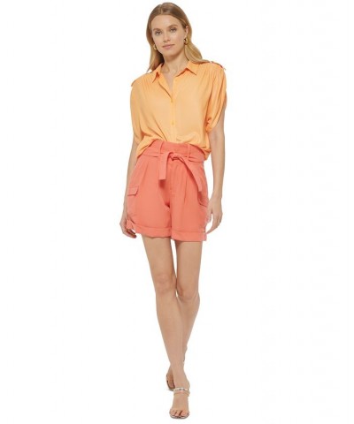 Women's Faux-Leather Button-Up Short-Sleeve Shirt Canteloupe $47.96 Tops