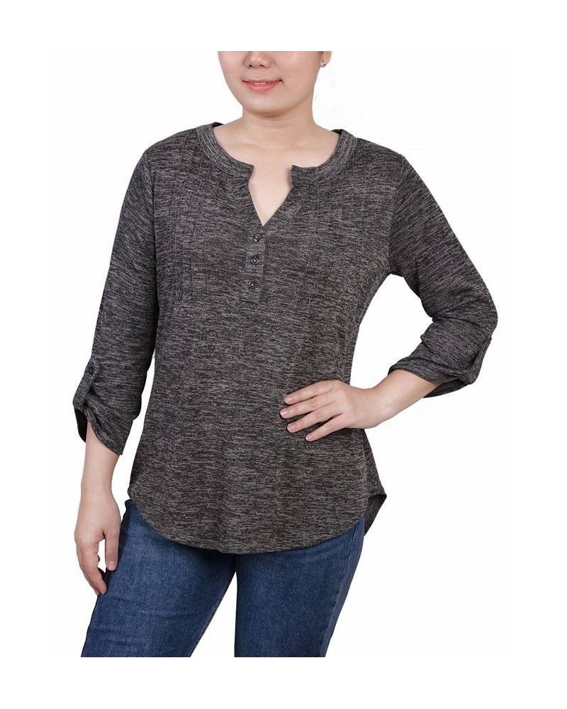 Women's 3/4 Roll Tab Sleeve Y-Neck Top Charcoal Enzoz $16.17 Tops