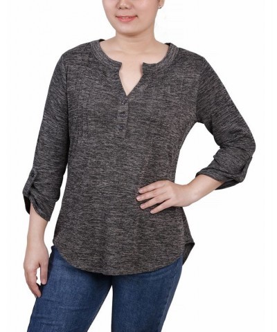 Women's 3/4 Roll Tab Sleeve Y-Neck Top Charcoal Enzoz $16.17 Tops