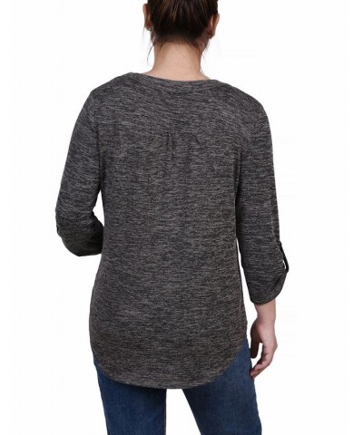 Women's 3/4 Roll Tab Sleeve Y-Neck Top Charcoal Enzoz $16.17 Tops