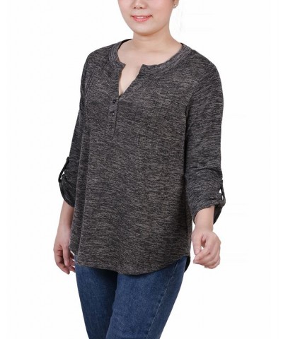 Women's 3/4 Roll Tab Sleeve Y-Neck Top Charcoal Enzoz $16.17 Tops