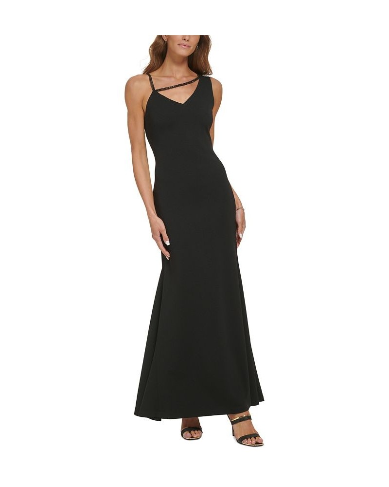 Women's One-Shoulder Chain-Trim Crepe Gown Black $78.87 Dresses