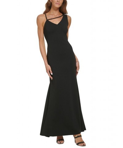 Women's One-Shoulder Chain-Trim Crepe Gown Black $78.87 Dresses