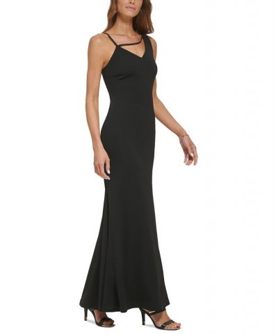 Women's One-Shoulder Chain-Trim Crepe Gown Black $78.87 Dresses