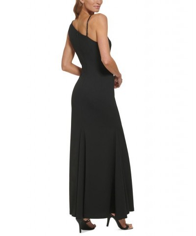 Women's One-Shoulder Chain-Trim Crepe Gown Black $78.87 Dresses