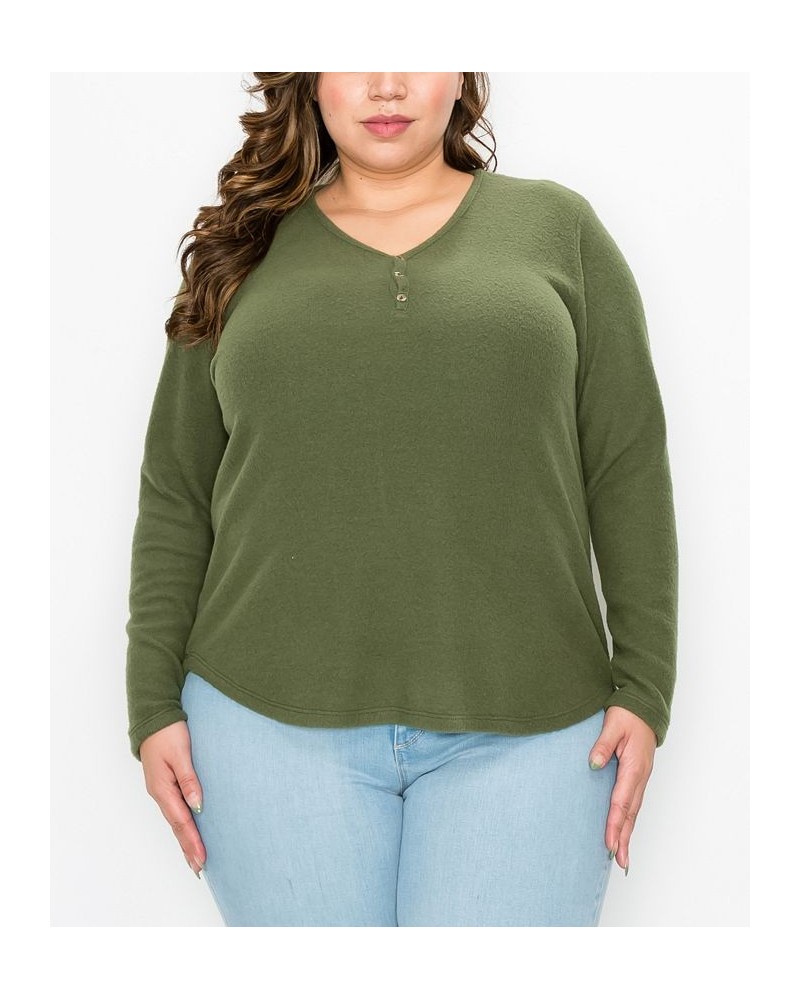 Plus Size Cozy Rib Long Sleeve Henley Green $25.97 Tops