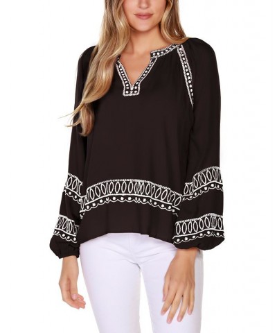 Women's Black Label Embroidered Blouson Split-Neck Top Black $22.50 Tops