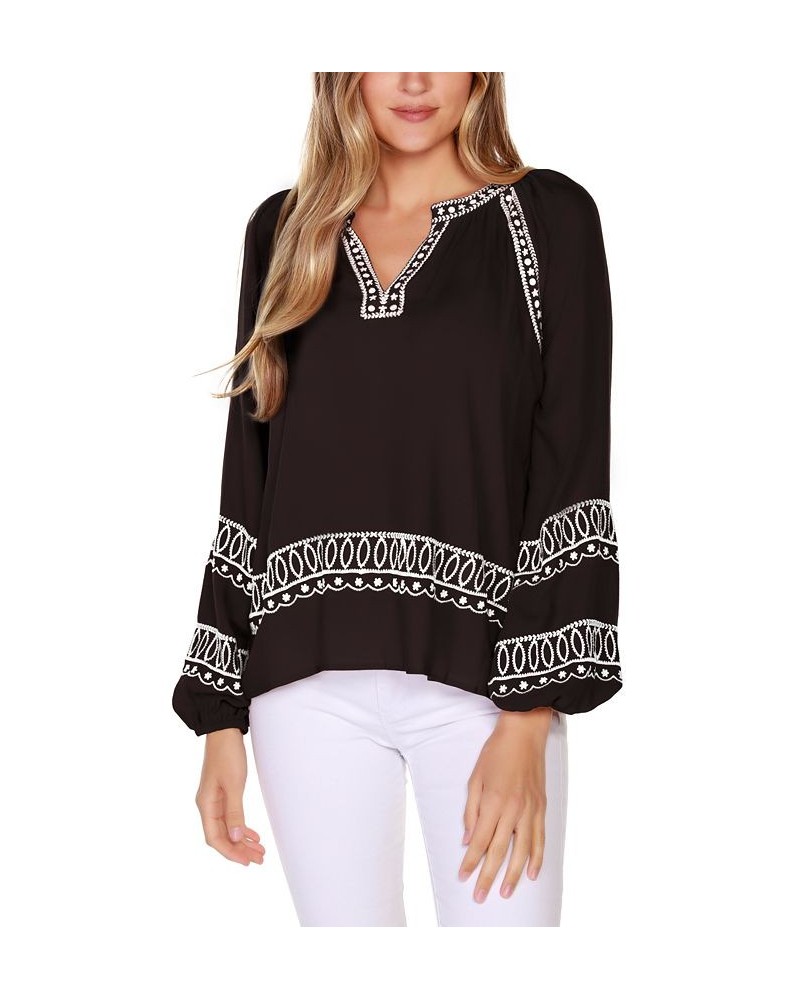 Women's Black Label Embroidered Blouson Split-Neck Top Black $22.50 Tops