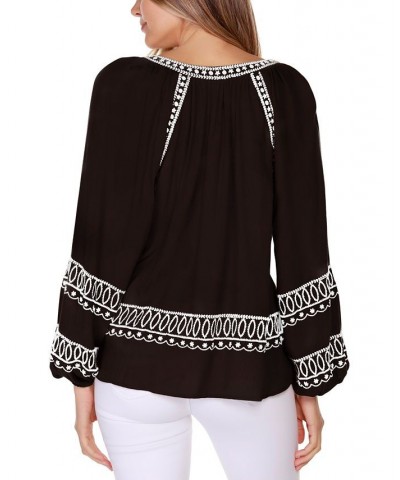 Women's Black Label Embroidered Blouson Split-Neck Top Black $22.50 Tops