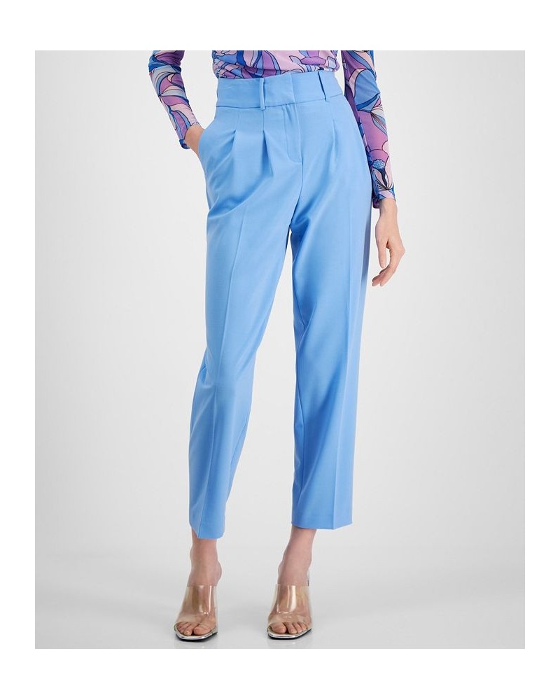 Women's Bi-Stretch Pleated Straight-Leg Ankle Pants Blue $27.43 Pants