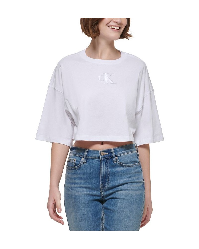 Women's Cotton Embroidered-Logo Cropped T-Shirt White $21.29 Tops