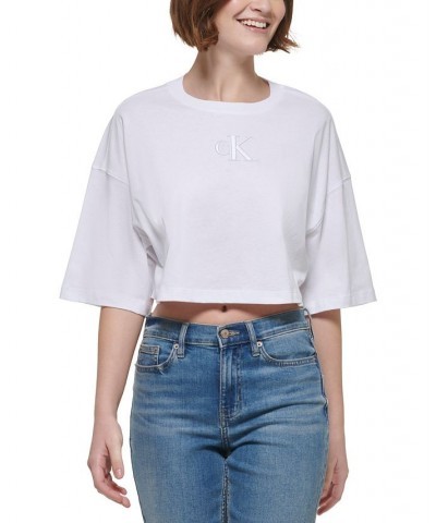 Women's Cotton Embroidered-Logo Cropped T-Shirt White $21.29 Tops