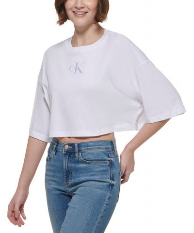 Women's Cotton Embroidered-Logo Cropped T-Shirt White $21.29 Tops