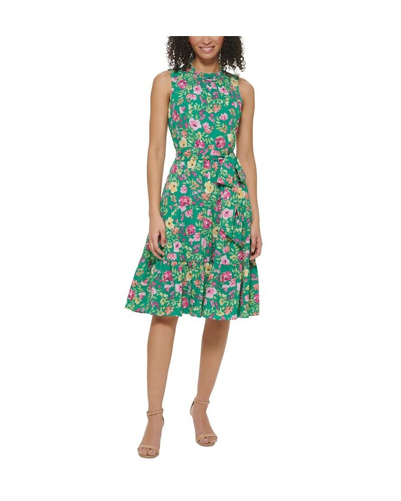 Women's Ruffle-Neck Sleeveless Tiered Dress Green $42.57 Dresses