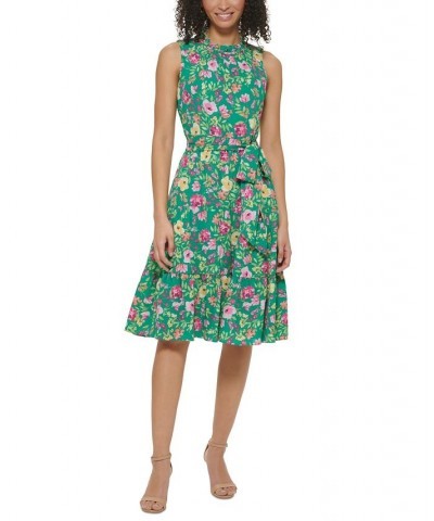 Women's Ruffle-Neck Sleeveless Tiered Dress Green $42.57 Dresses