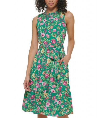 Women's Ruffle-Neck Sleeveless Tiered Dress Green $42.57 Dresses