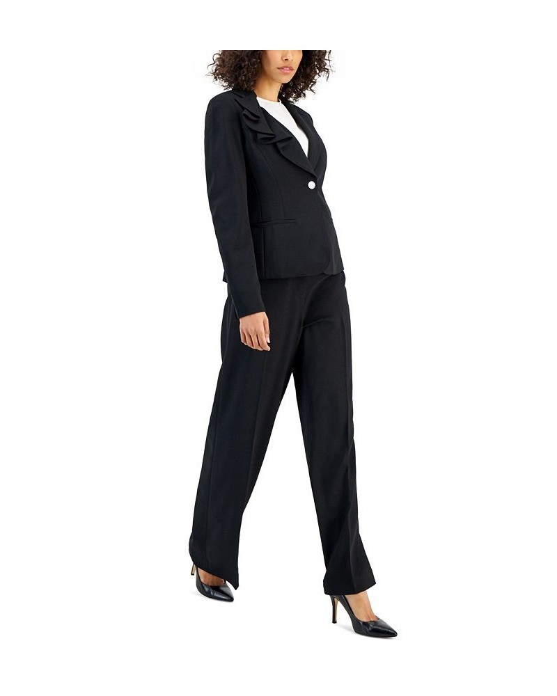 Women's Asymmetrical Ruffled One-Button Jacket & Wide-Leg Pant Suit Black $89.10 Suits