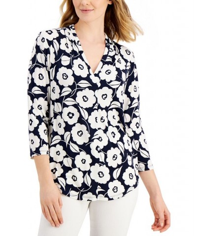 Petite Printed V-Neck 3/4-Sleeve Top Intrepid Blue/Bright White Floral $20.85 Tops