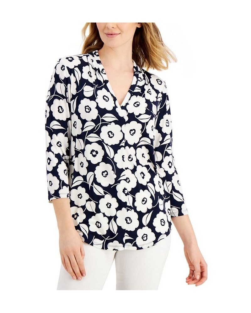 Petite Printed V-Neck 3/4-Sleeve Top Intrepid Blue/Bright White Floral $20.85 Tops