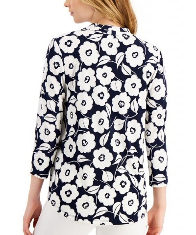 Petite Printed V-Neck 3/4-Sleeve Top Intrepid Blue/Bright White Floral $20.85 Tops