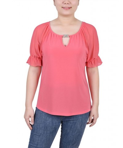 Petite Short Ruffle Sleeve Rhinestones Top Pink $27.56 Tops