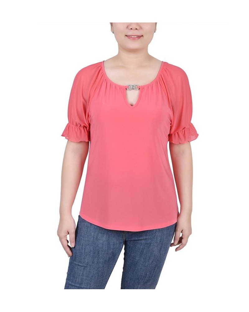 Petite Short Ruffle Sleeve Rhinestones Top Pink $27.56 Tops