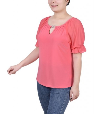 Petite Short Ruffle Sleeve Rhinestones Top Pink $27.56 Tops